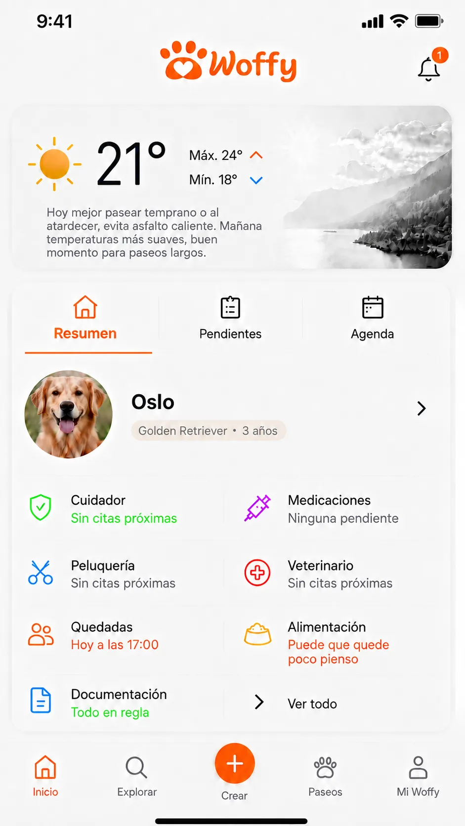 Pantalla de inicio de Woffy: el centro de control diario de tu perro