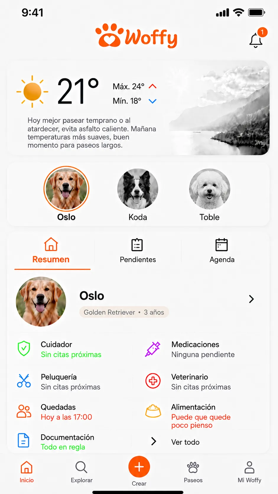 Pantalla real de Woffy con tres perros y Oslo seleccionado